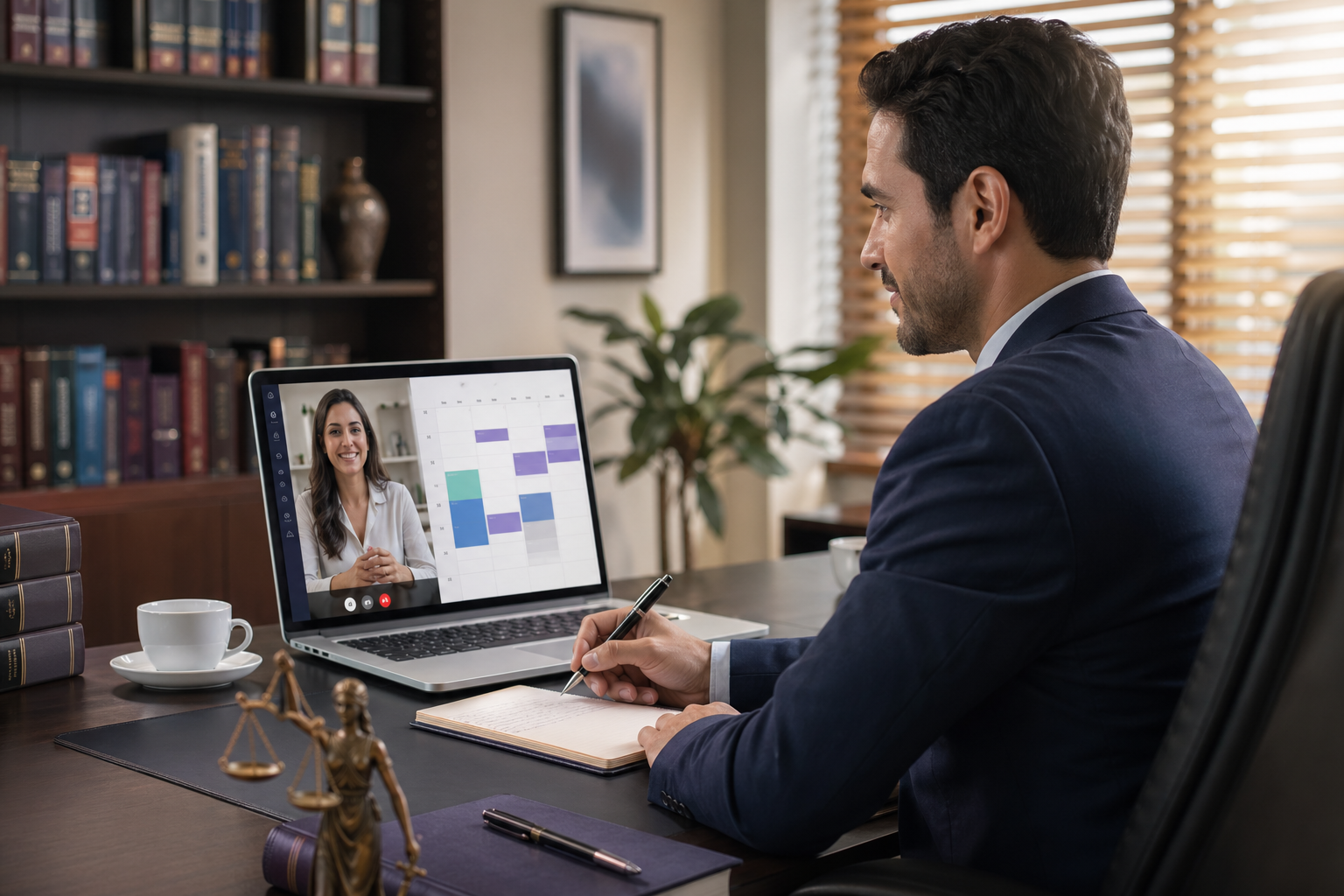 Advogado revisando agenda online no escritório enquanto converse com cliente em videochamada
