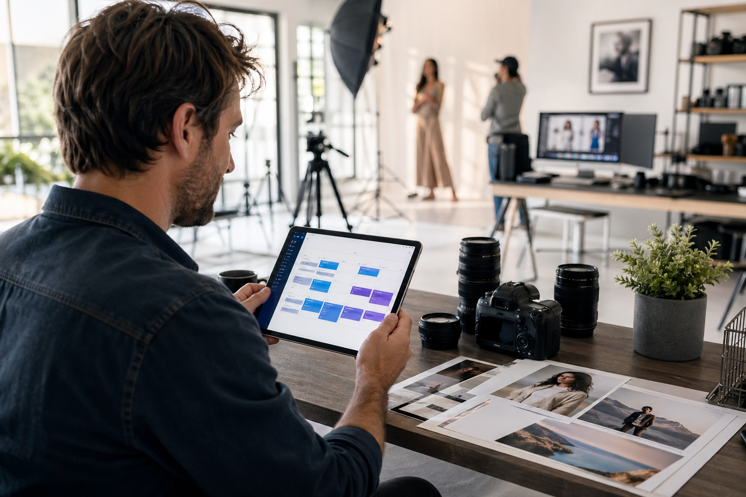 Fotógrafo revisando agenda online com marcacoes de ensaios, casamentos e eventos, mostrando boa ocupação e poucos espacos vazios