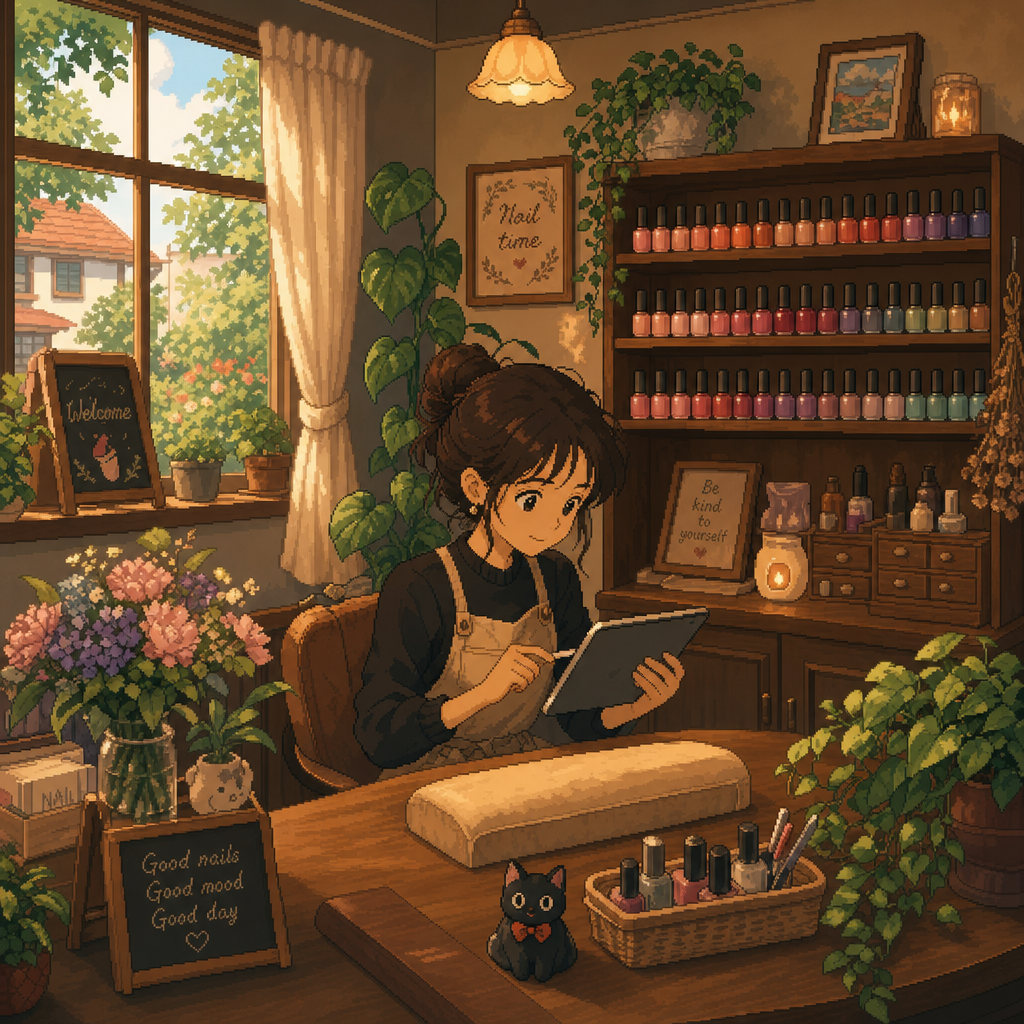 Ilustração em pixel art no estilo Studio Ghibli mostrando uma manicure organizando sua agenda online em um tablet, em um ambiente acolhedor com tons de âmbar e cobre.