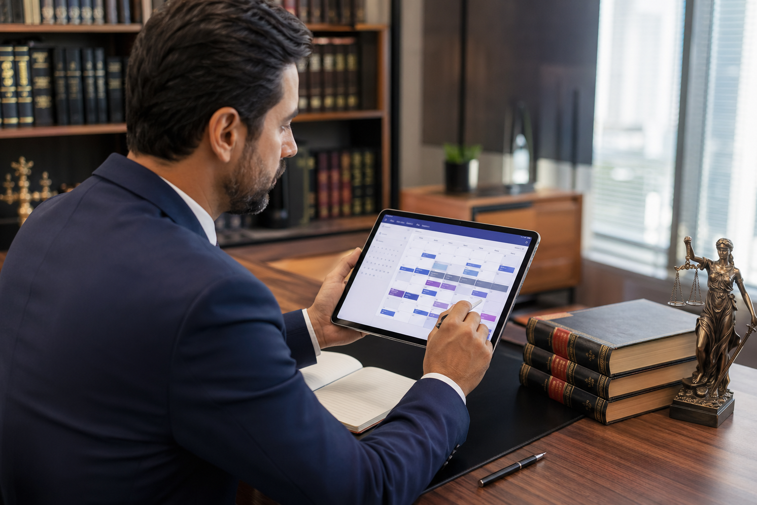 Advogado analisando relatório de redução de faltas em tela de computador com agenda organizada ao fundo