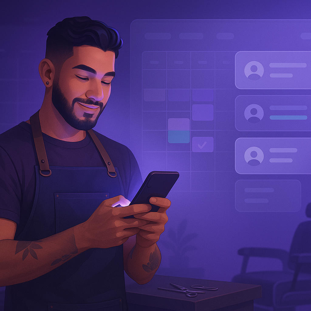Barbeiro usando uma agenda online no celular em uma barbearia moderna