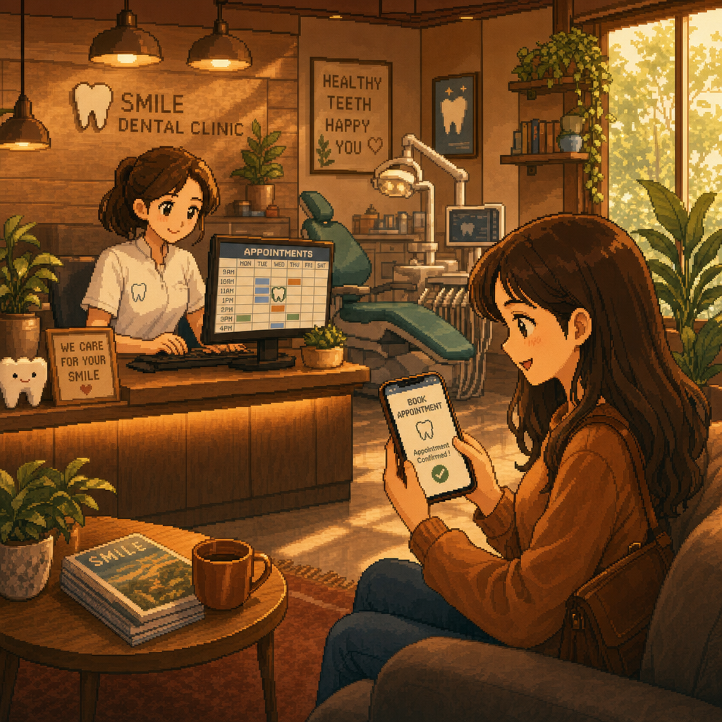 Dentista organizando agenda no computador com paciente agendando consulta pelo celular em ilustração Ghibli pixel art