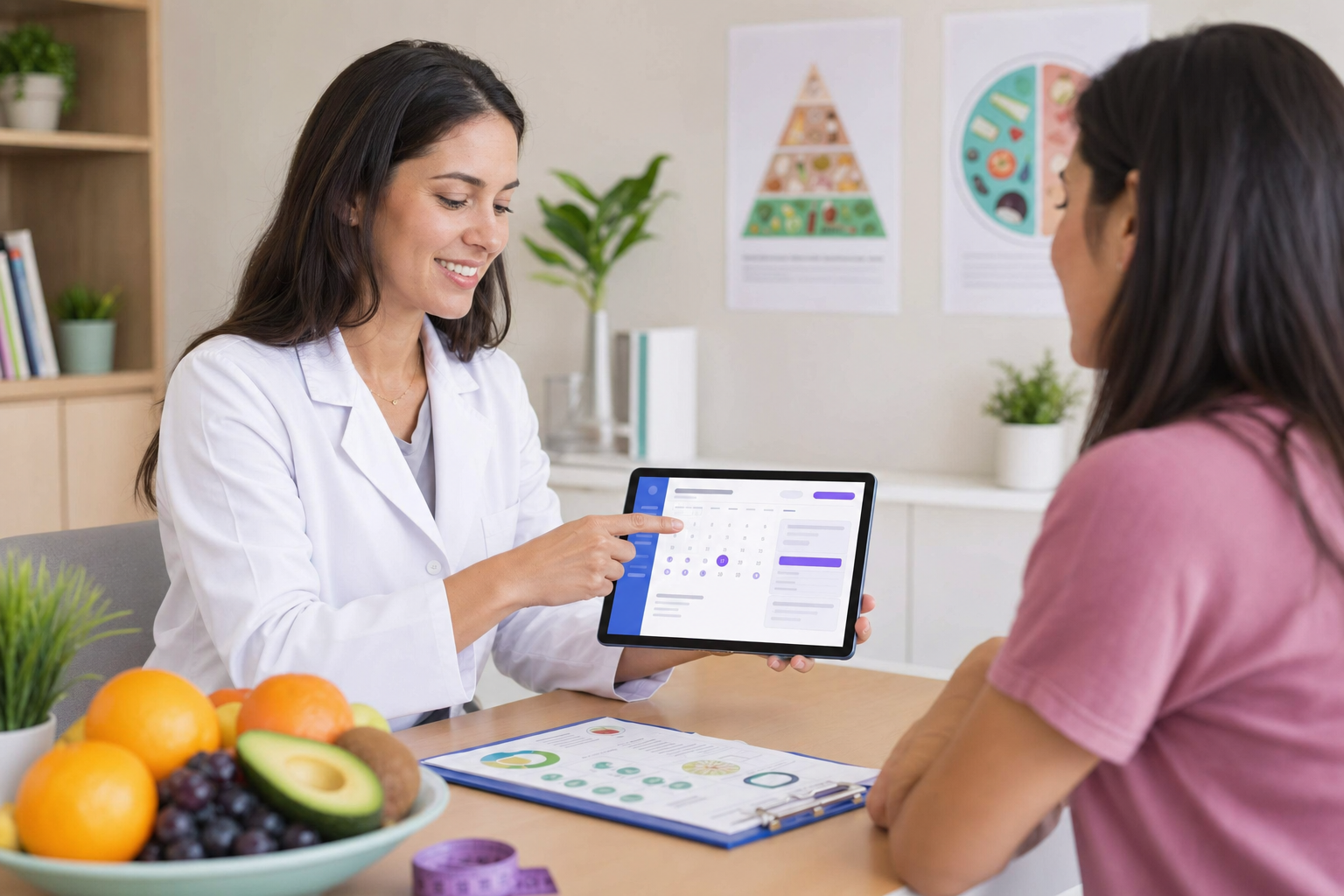 Nutricionista usando agenda online no tablet durante consulta com paciente