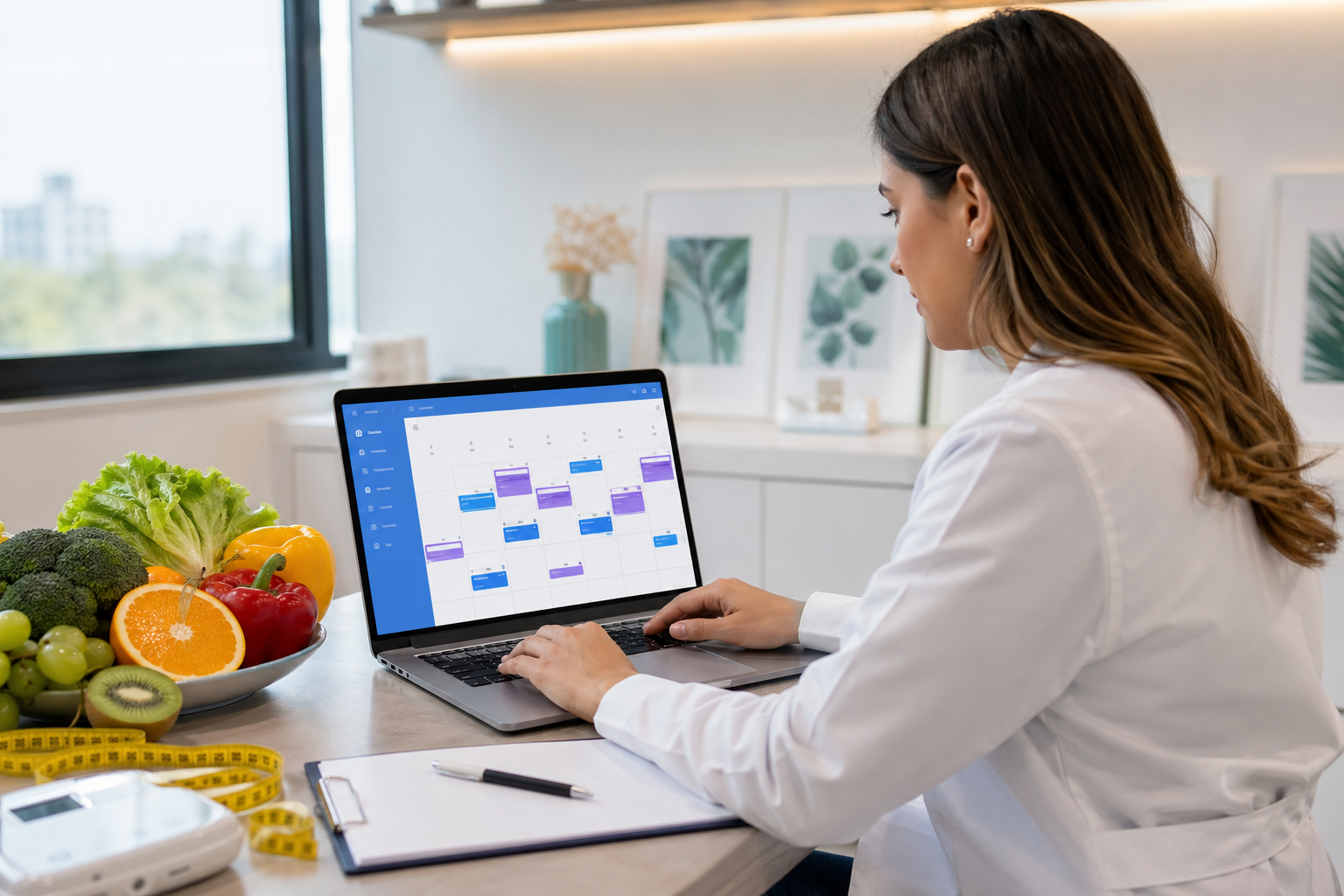 Nutricionista organizando consultas em uma agenda online com calendário digital