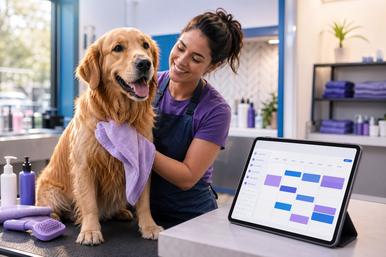 Dono de pet shop tosando um cachorro enquanto verifica agenda no tablet mostrando horários cheios de animais para banho e tosa