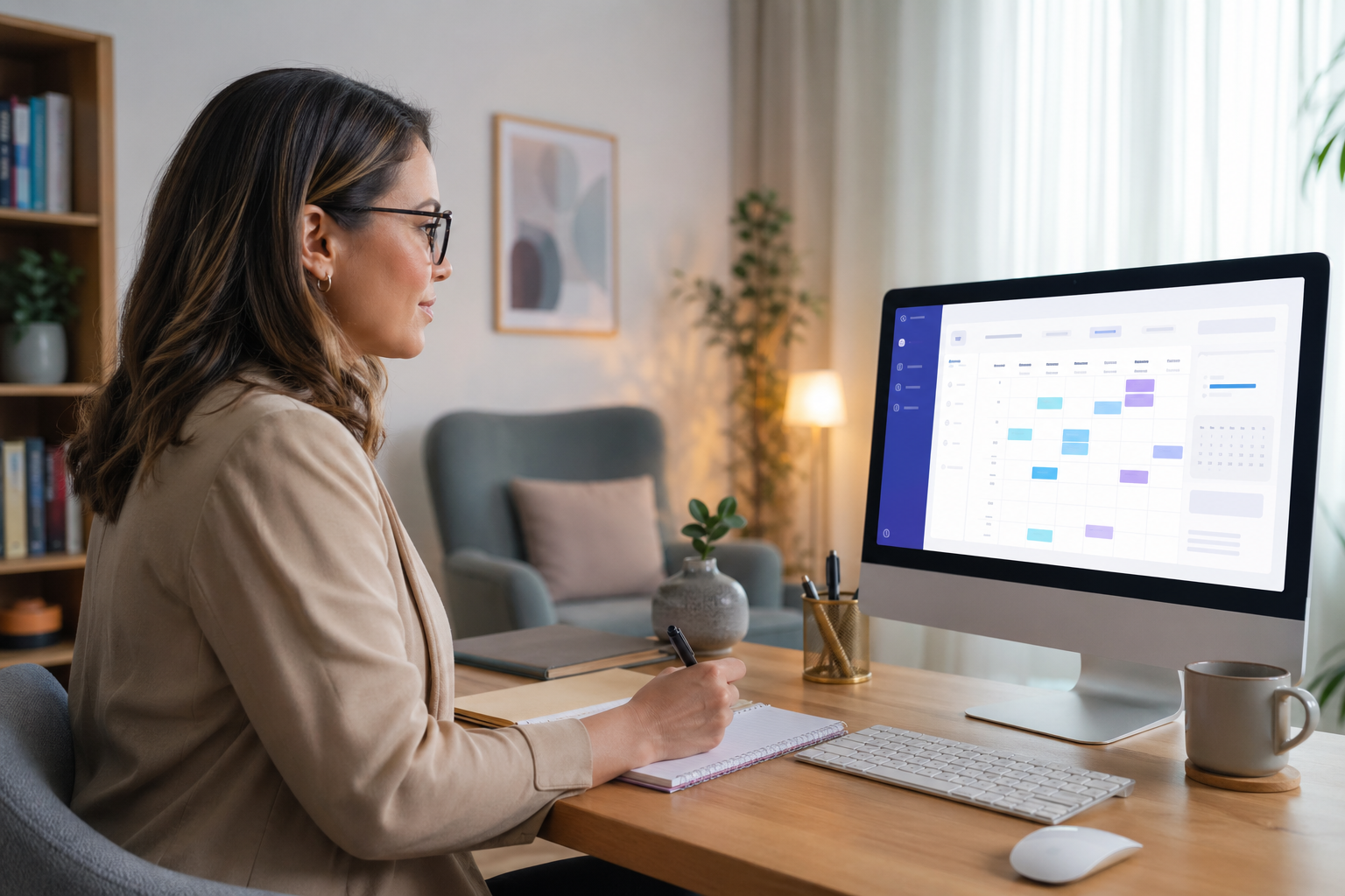 Psicólogo analisando gráficos de frequência de pacientes com melhoria após implementação de agenda online