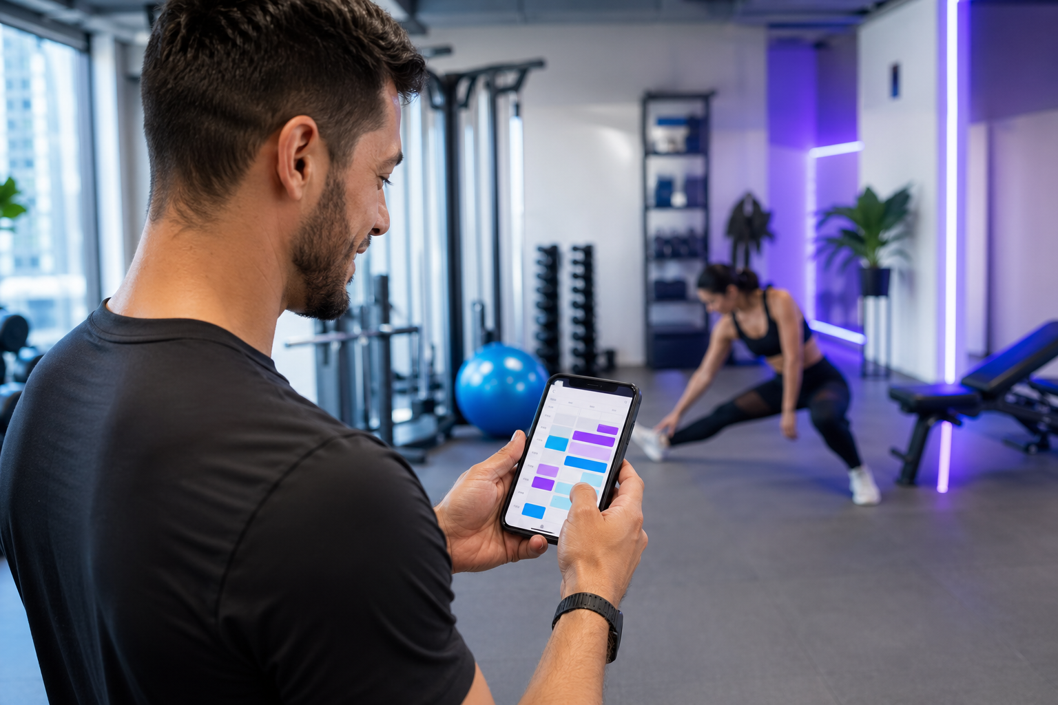 Personal trainer organizando agenda de treinos no celular