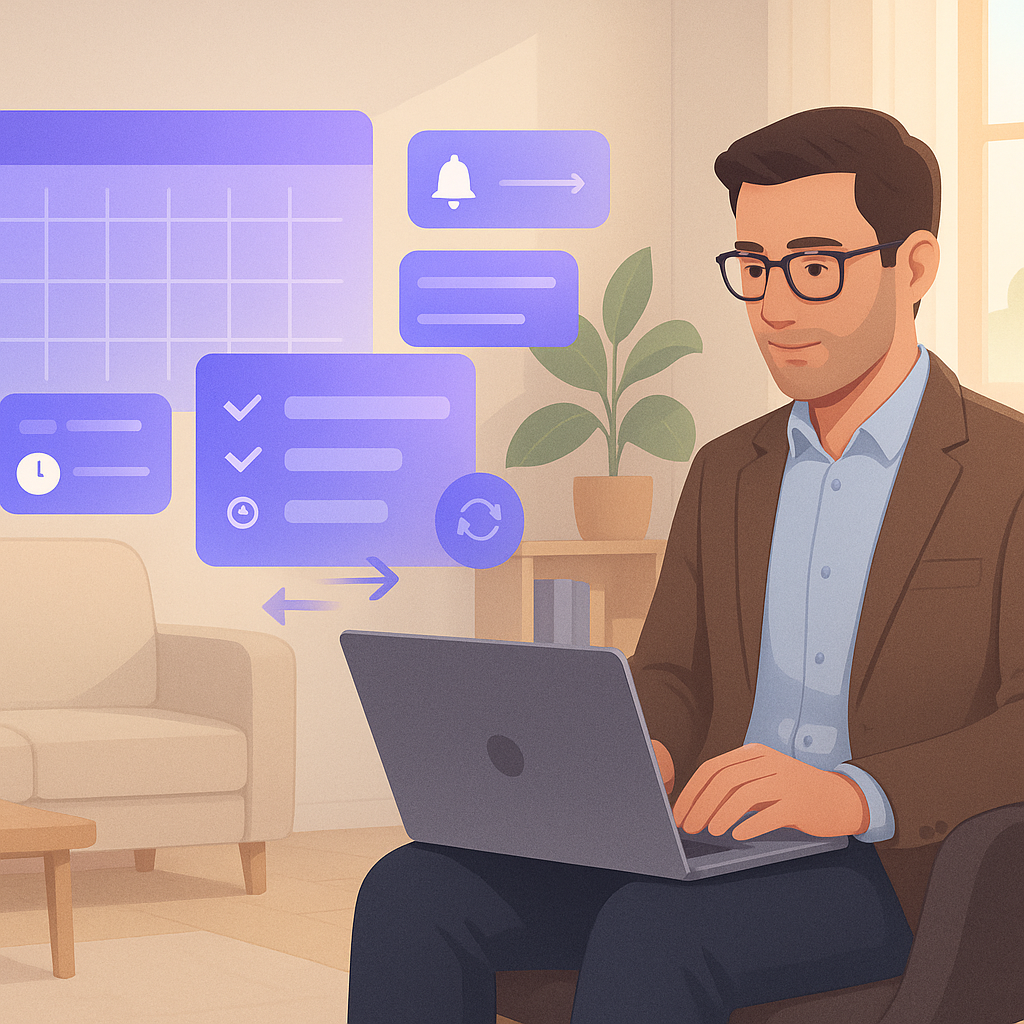 Psicóloga organizando sua agenda online em um consultório moderno