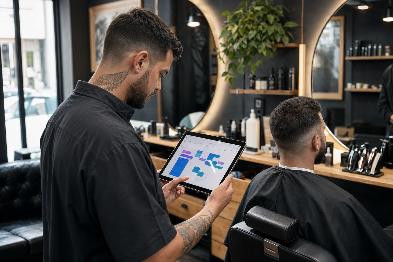 Barbeiro verificando agenda online no tablet enquanto corta cabelo de cliente