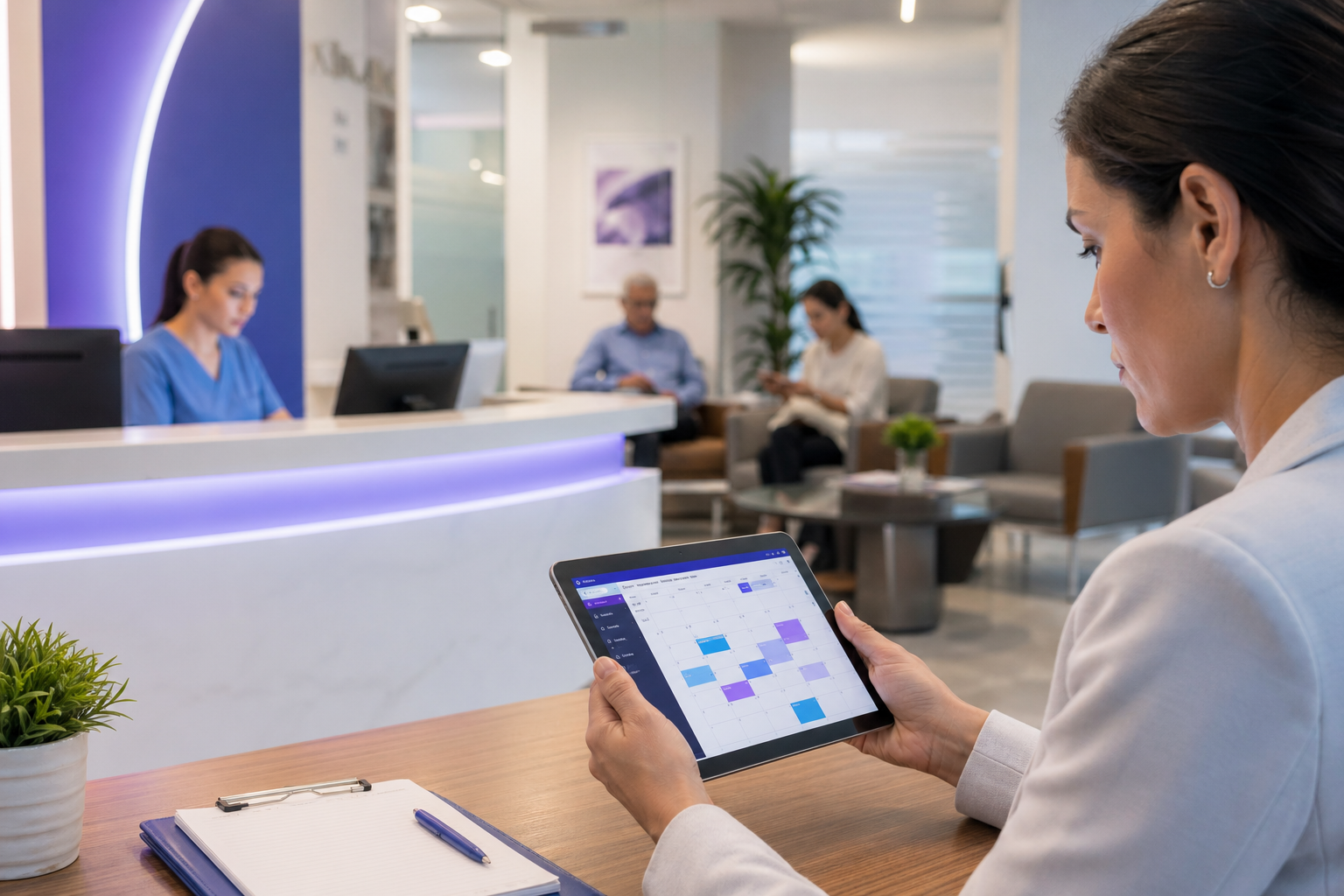 Gestora de clínica conferindo agenda online em um tablet na recepção