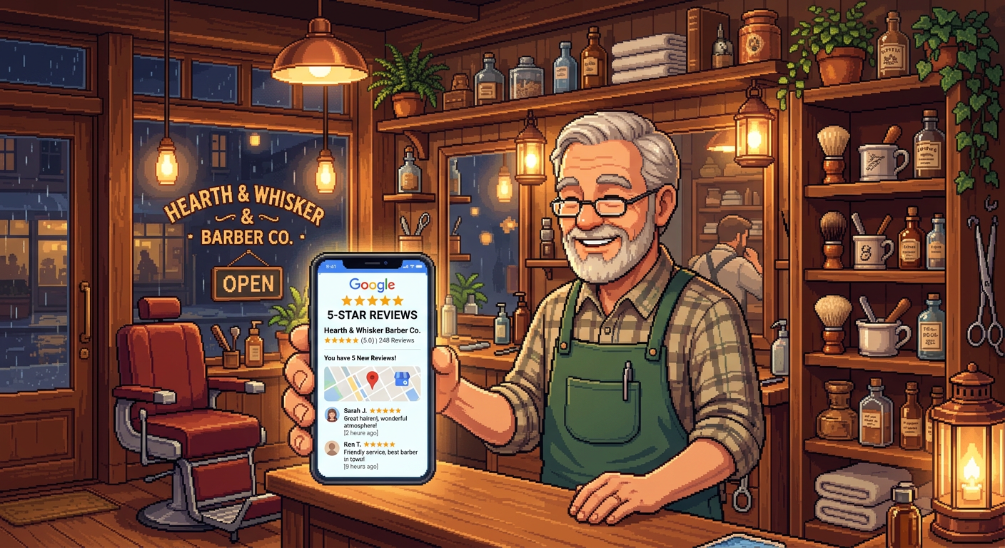 Dono de barbearia otimizando ficha do Google Meu Negócio no celular com mapa e estrelas de avaliação