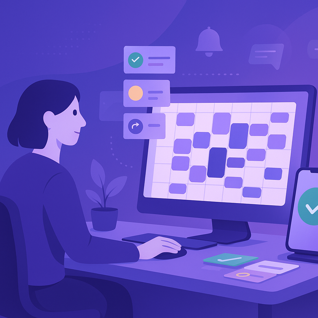 Profissional organizando confirmações e lembretes em uma agenda digital