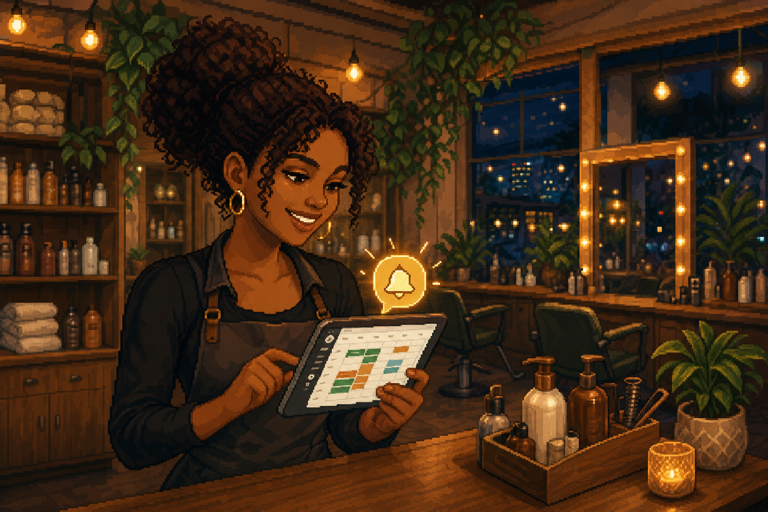 Profissional de salão de beleza usando tablet com agenda online e lembrete automático em ambiente aconchegante