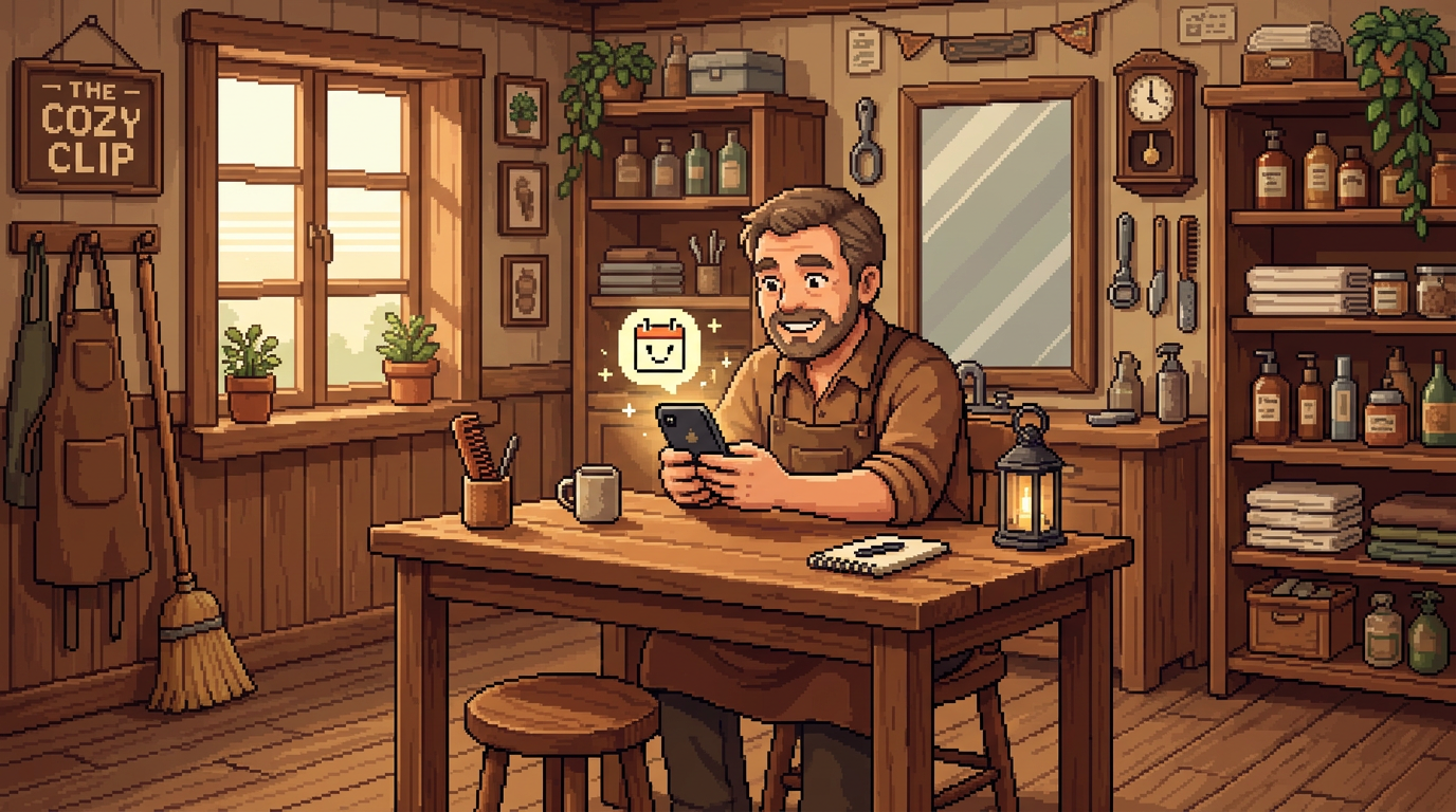 Ilustração em pixel art de empreendedor criando link de agendamento no celular