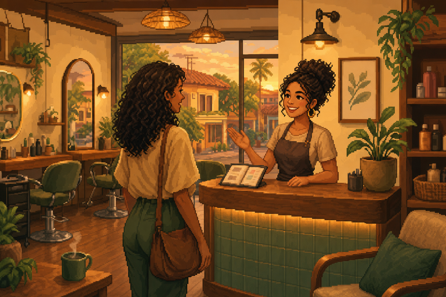 Recepcionista de salão de beleza brasileiro recebendo uma cliente em ambiente aconchegante com agenda organizada