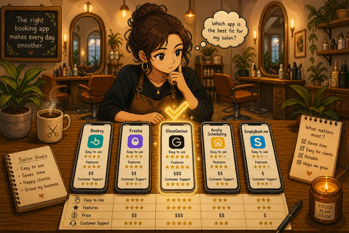 Dona de salão comparando apps de agendamento em vários celulares sobre a mesa