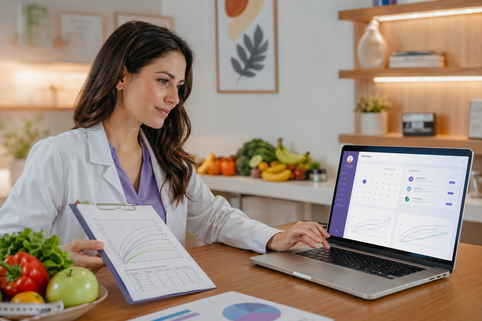 Nutricionista analisando gráficos de progresso de pacientes com consultas retornativas regulares