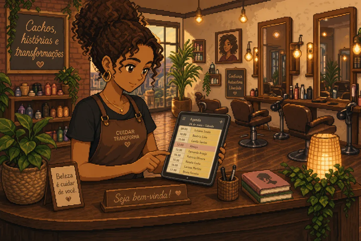 Profissional de salão organizando a agenda online em um tablet na recepção, estilo pixel art em tons âmbar