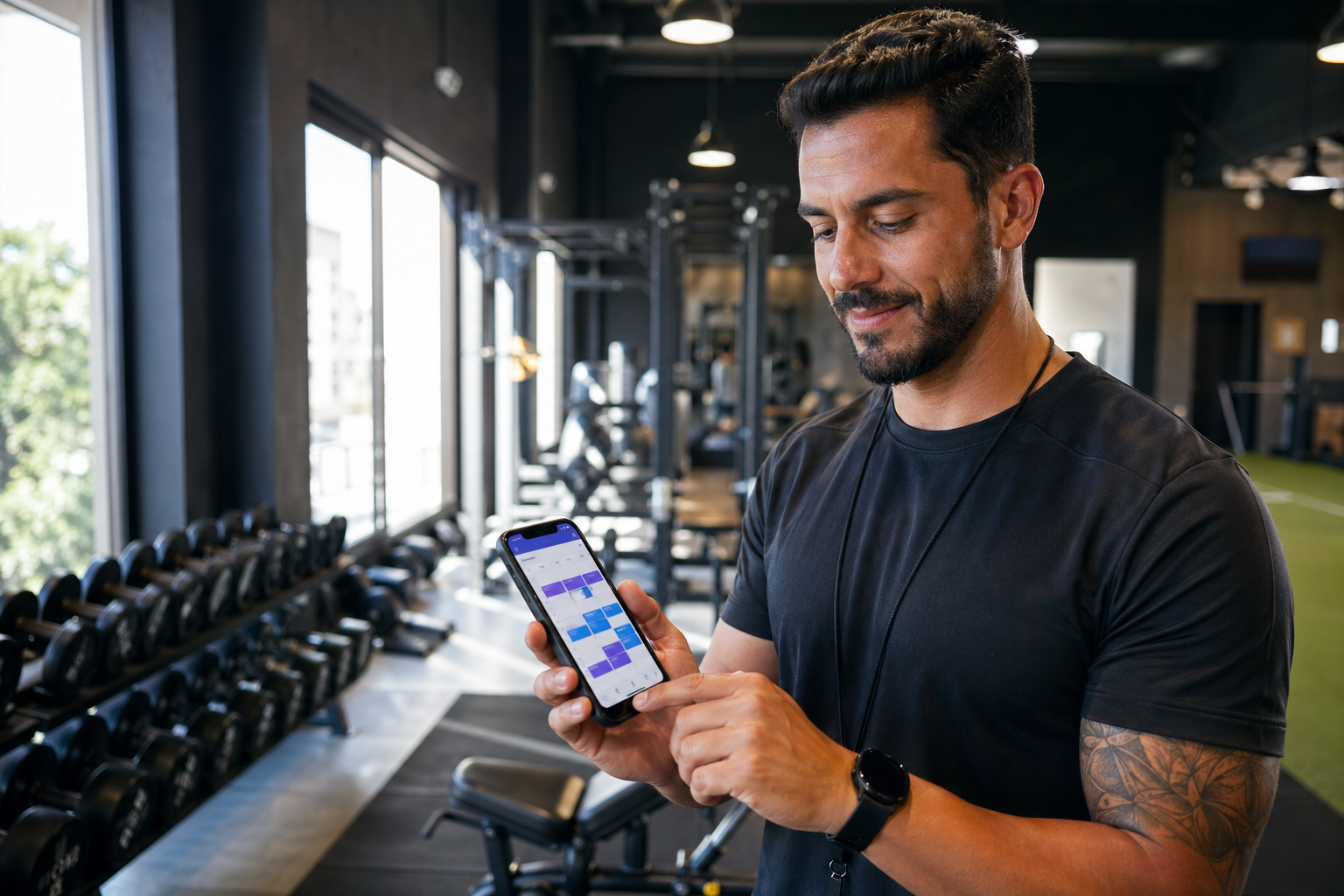 Personal trainer conferindo agenda online no celular dentro da academia