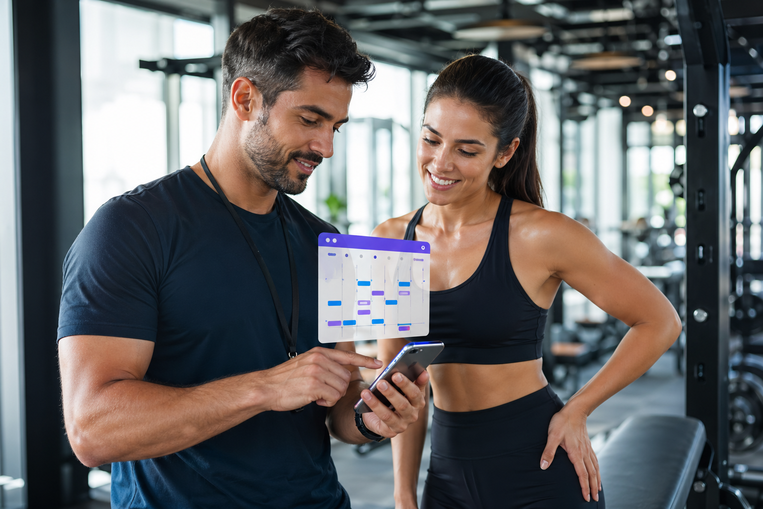 Personal trainer verificando agenda online no smartphone enquanto orienta aluno na academia