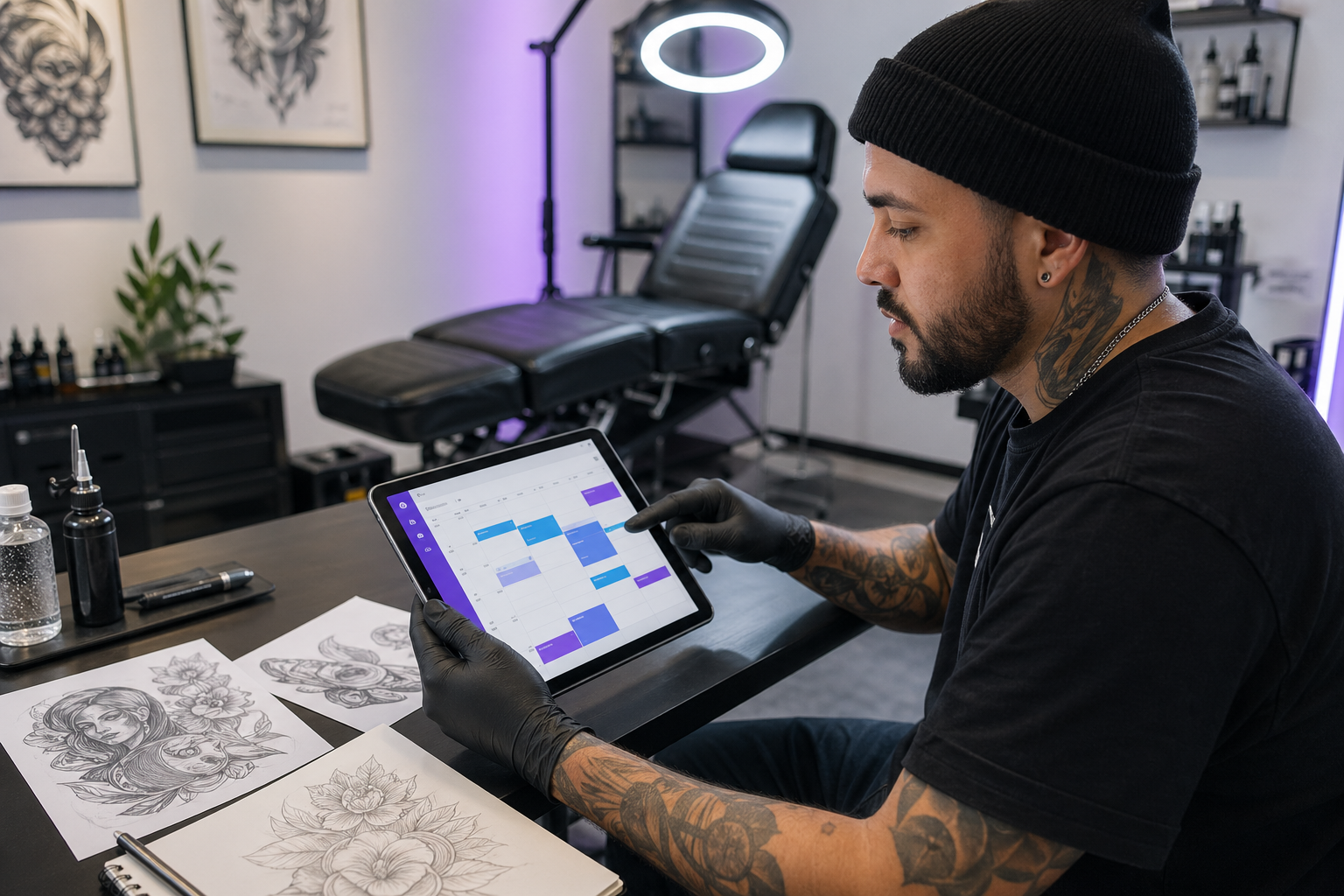 Tatuador verificando agenda online no tablet em um estúdio moderno